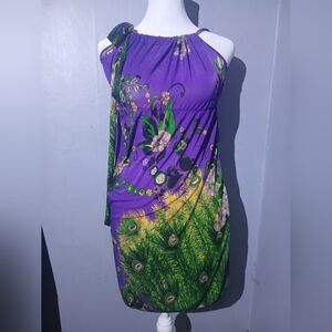 Purple Peacock‑Print Mini Dress Green Accents Ace Fashion Size XXL Halter Summer